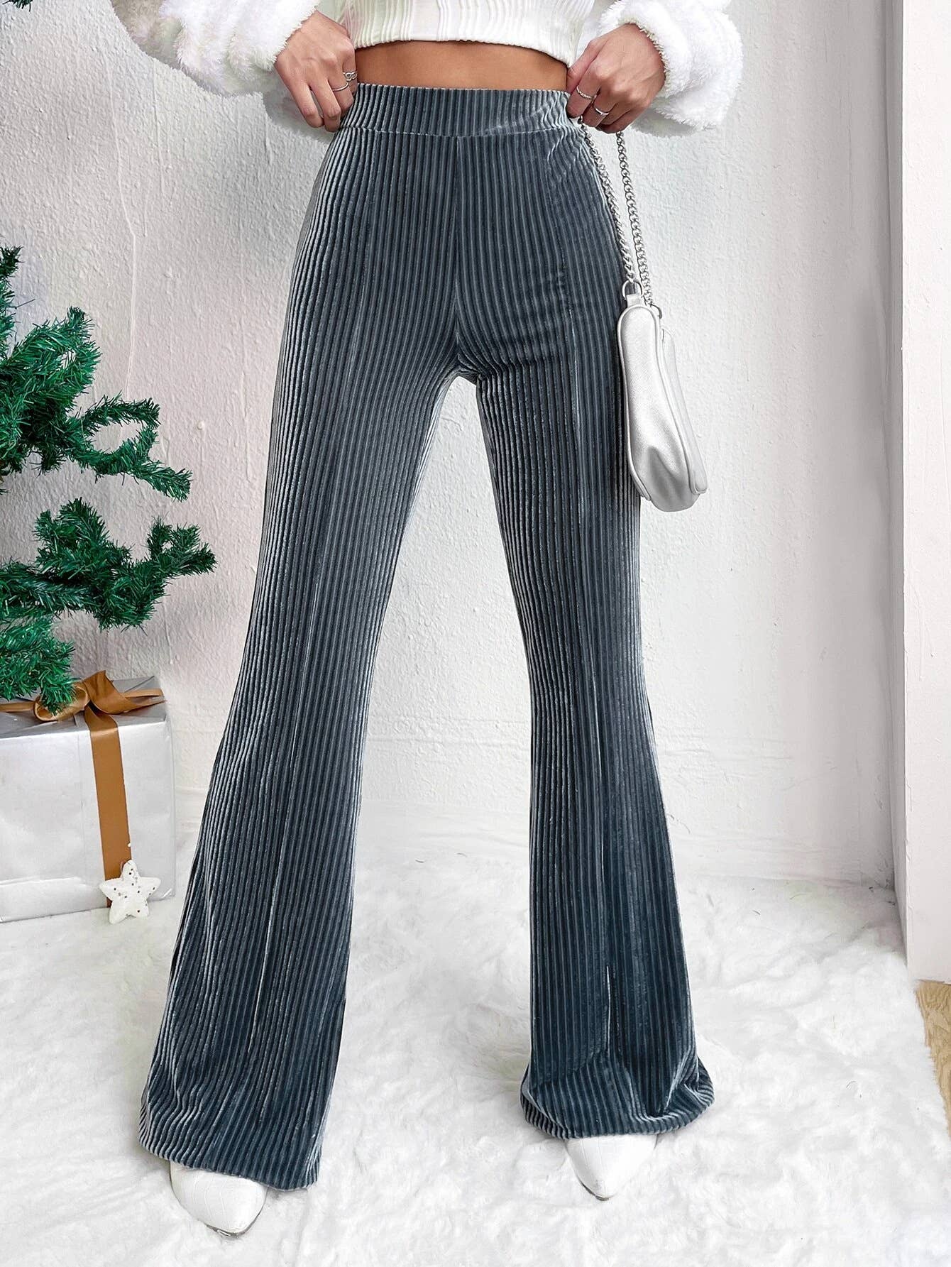High-Waist Corduroy Plain Flared