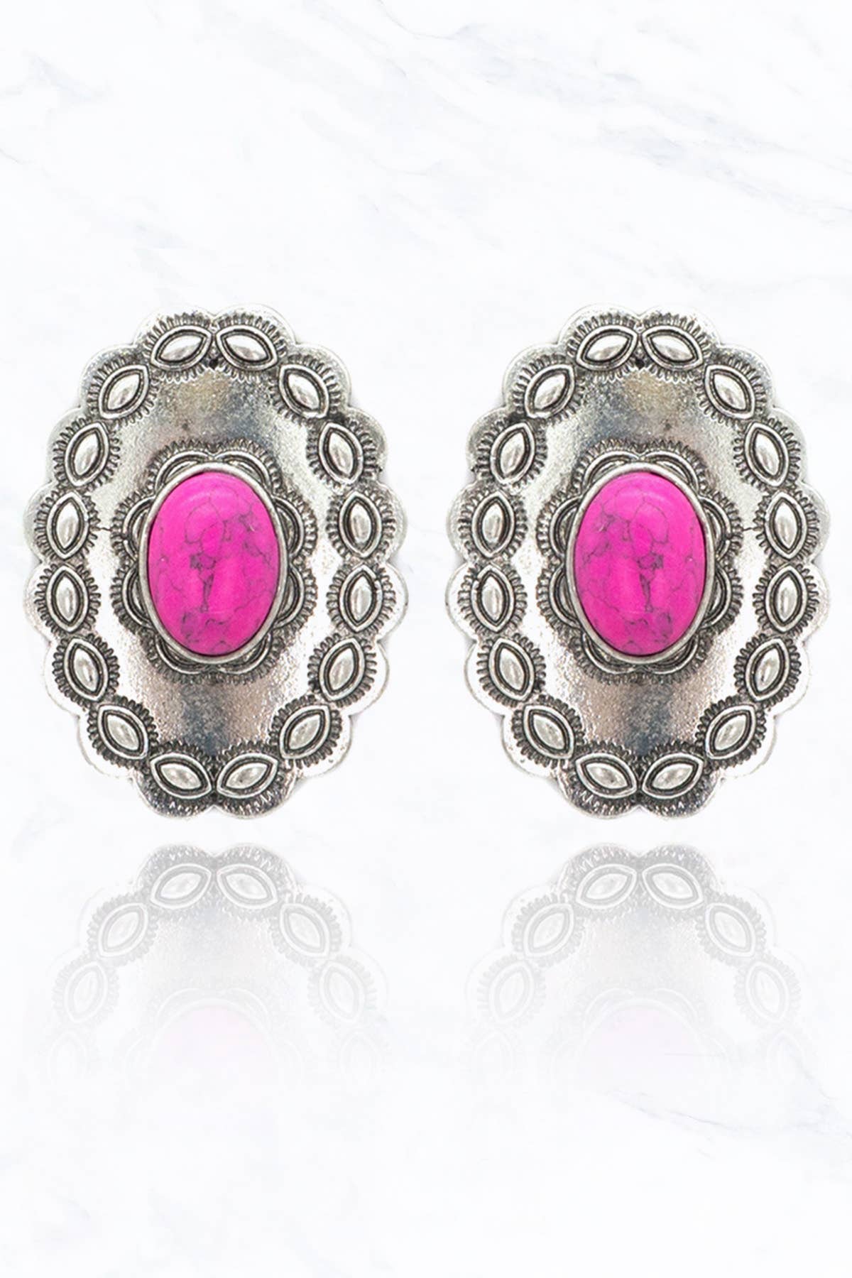 Oval with Inlay Earrings: Fuchsia